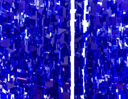 Full frame abstract background showing lots of hanging blue glass sheets