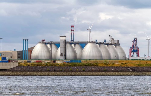 Waterworks scenery seen at the Port of Hamburg in Germany