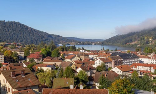 Aerial view of Gerardmer, a commune in the Vosges department in Grand Est in northeastern France