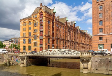 Scenery at the Speicherstadt, a historic warehouse district in Hamburg, Germany