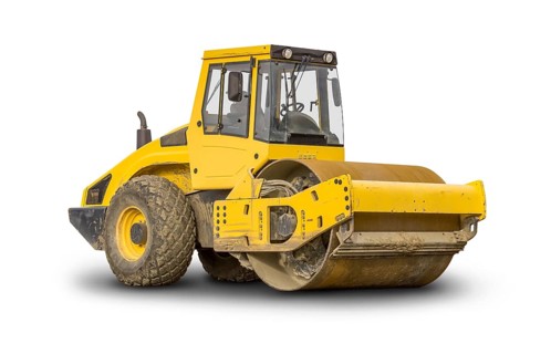 Yellow road roller isolated in white back with shadow