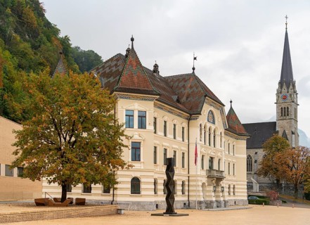Impression around the government building in Vaduz, the capital city of Liechtenstein at autumn