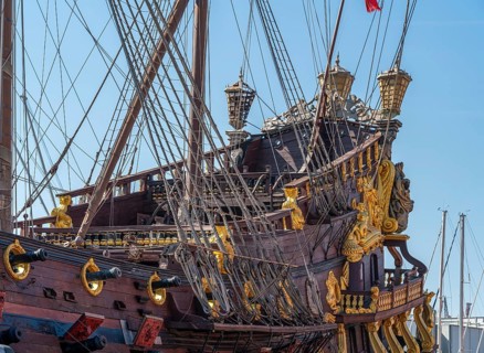 Detail of a historic sailing ship seen in Genoa, the capital of the italian region of Liguria