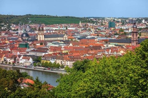Aerial view of Wuerzburg, a city in the Franconia region in Bavaria, Germany, at summer time