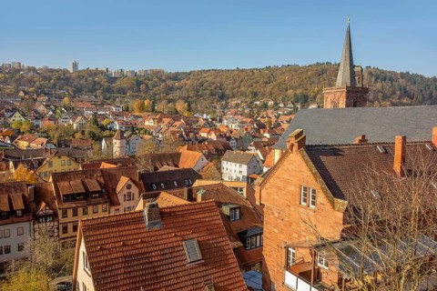 Aerial view of Wertheim, a town in Southern Germany at evening time