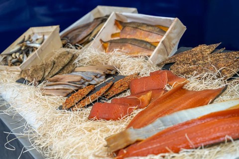 Various smoked fish seen at the Normandy region of northern France