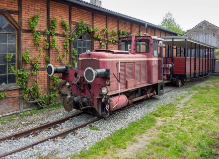 Nostalgic railway scenery with locomotive shed and locomotive