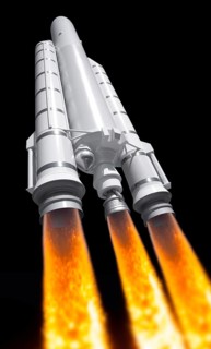 Model of a Ariane rocket with fire backblast in black back