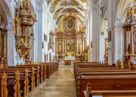 Impression in the Basilica church with the Franciscan monastery in Frauenkirchen, a town in Austria