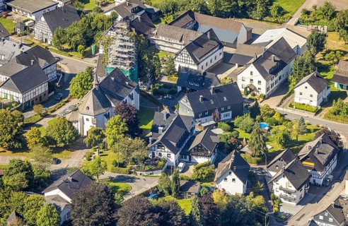 Aerial view, Heinsberg town centre and construction site and renovation work on the steeple of the