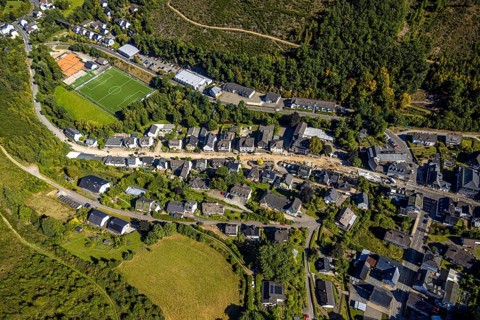 Aerial view, Hundemstraße road construction work with closure, football stadium sports field FC
