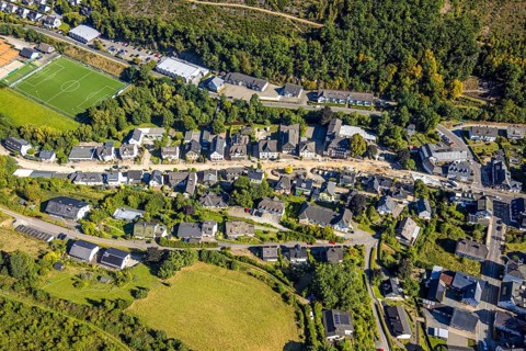 Aerial view, Hundemstraße road construction work with closure, football stadium sports field FC