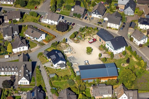 Aerial view, building yard construction site on the road Am Königsberg, Würdinghausen, Kirchhundem,