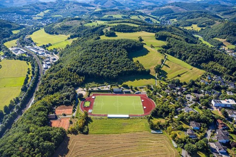 Aerial view, football stadium and athletics stadium, stadium at the Habuche and tennis court TC