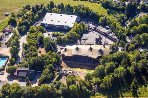 Aerial view, Elspe-Festival-Gelände Karl-May Festspiele mit Naturbühne und Festivalhalle, Elspe,