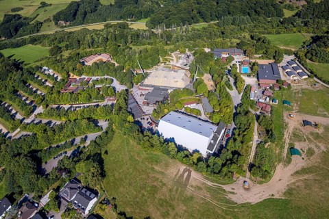 Aerial view, Elspe-Festival-Gelände Karl-May Festspiele mit Naturbühne und Festivalhalle, Elspe,