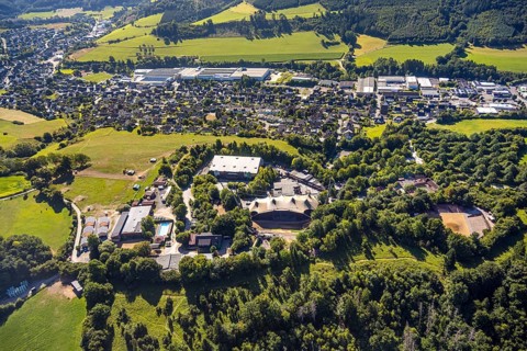 Aerial view, Elspe-Festival-Gelände Karl-May Festspiele mit Naturbühne und Festivalhalle, Elspe,