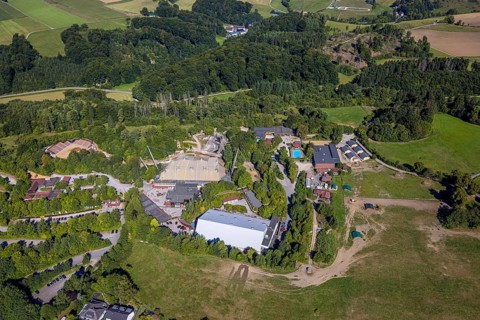 Aerial view, Elspe-Festival-Gelände Karl-May Festspiele mit Naturbühne und Festivalhalle, Elspe,