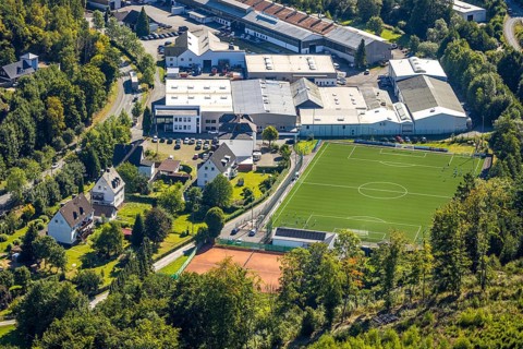 Aerial view, training match on the sports field football stadium Zur Lehmkuhle of FC 1919