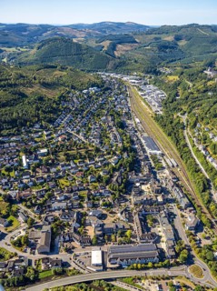 Aerial view, residential area view of Altenhundem with town hall Thomas-Morus-Platz, police station