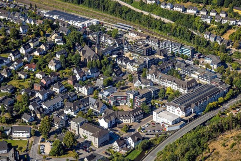 Aerial view, residential area Altenhundem with town hall Thomas-Morus-Platz, police station
