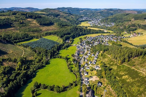 Aerial view, residential area local view district Kickenbach, forest with forest damage, view to