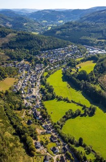 Aerial view, residential area, view of the district of Langenei in the Fredeburger Straße valley in