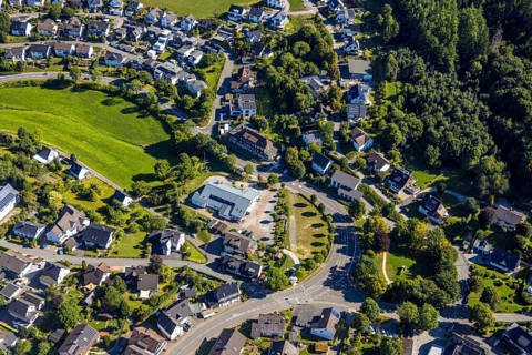 Aerial view, residential area and shooting hall Halberbracht, Lennestadt, Sauerland, North
