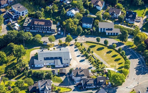 Aerial view, residential area and shooting hall Halberbracht, Lennestadt, Sauerland, North