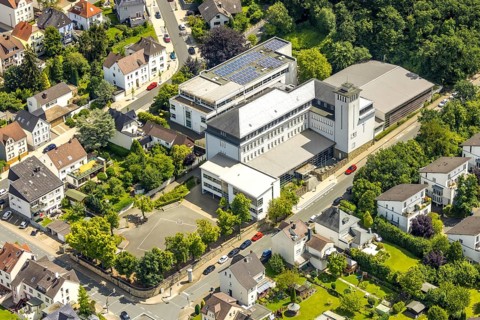 Aerial view, St. Ursula Gymnasium, solar roof, Neheim, Arnsberg, Sauerland, North Rhine-Westphalia,