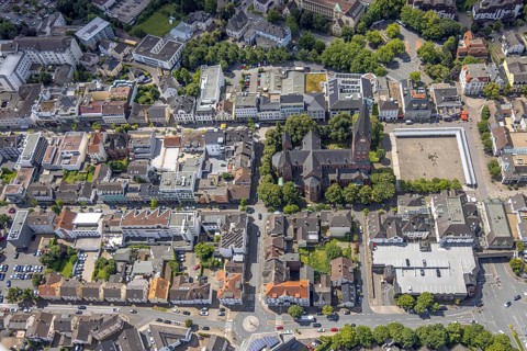 Aerial view, residential area on Hauptstrasse with St. Johannes Baptist Church, Neheim market,