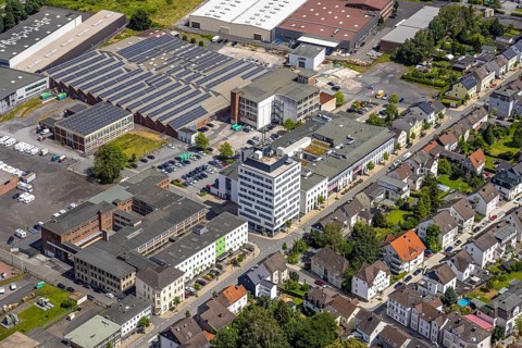 Aerial view, commercial area Möhnestraße, EGG Elektrogroßhandel GmbH Elektrogroßhandel, Neheim,