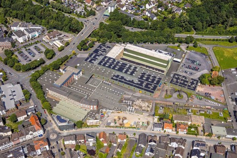 Aerial view, BJB GmbH & Co. KG lighting manufacturer, Werler Straße, Neheim, Arnsberg, Sauerland,