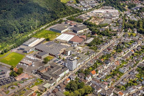Aerial view, industrial estate Möhnestraße, EGG Elektrogroßhandel GmbH Elektrogroßhandel, Neheim,