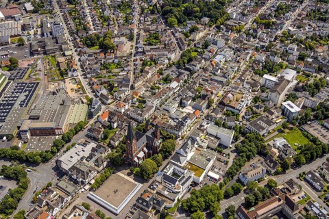 Aerial view, residential area on the main street with St. Johannes Baptist Church, Neheimer Markt,