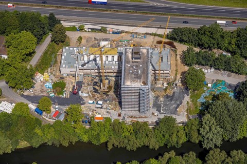 Aerial view, construction site with new Arnsberg town hall on the A46 motorway, Neheim, Arnsberg,