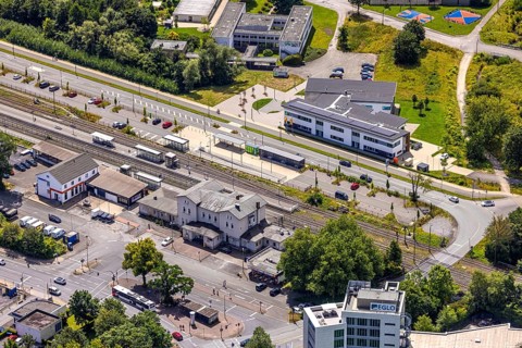 Aerial view, Arnsberg-Neheim-Hüsten railway station, Hüsten, Arnsberg, Sauerland, North