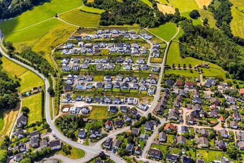 Aerial view, new housing estate Sternhelle-Ost, Am Spielberg, Herdringen, Arnsberg, Sauerland,