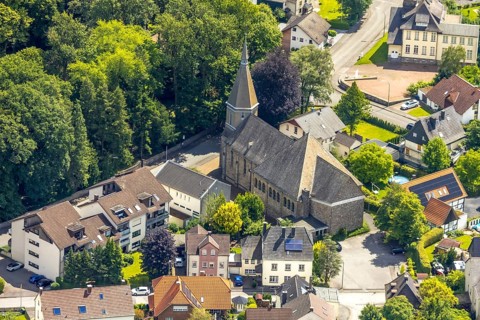 Aerial view, Church of St. Antonius Einsiedler and St. Vitus in the Ostentor residential area,