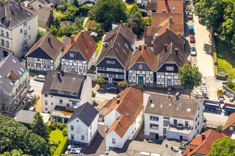 Aerial view, housing estate and half-timbered houses at the corner of Mendener Straße and