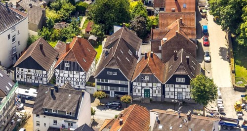 Aerial view, housing estate and half-timbered houses at the corner of Mendener Straße and