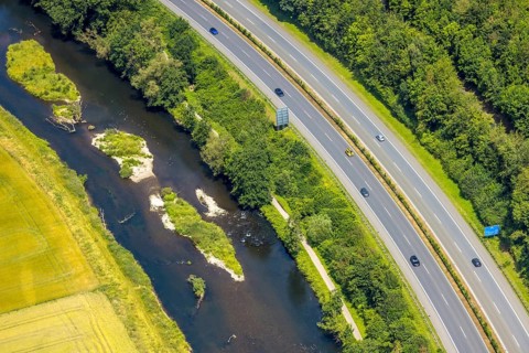 Aerial view, motorway A445 and river Möhne, cycle path, Bergheim, Arnsberg, Sauerland, North