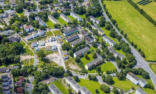 Aerial view, apartment buildings, housing estate Moosfelder Ring, terraced houses, Neheim,