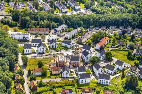 Aerial view, construction site and new construction of apartment buildings, Zum Müggenberg Neheim,