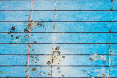 Aerial view, outdoor pool Neheim, cleaning of the pool, shapes and colours, Neheim, Arnsberg,