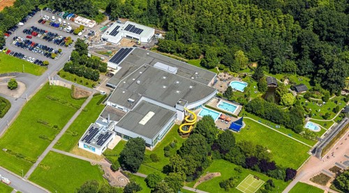 Aerial view, Solepark Große Wiese leisure pool wet with water slide, sunbathing lawn and swimming