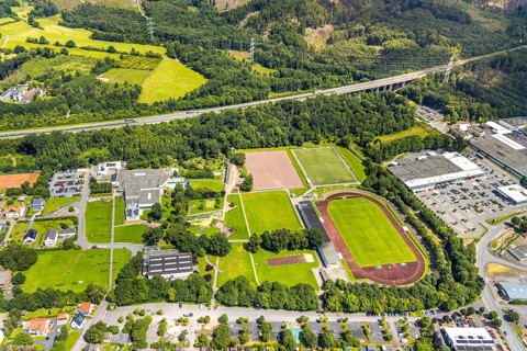 Aerial view, Solepark Große Wiese Freizeitbad Naß, sunbathing lawn and swimming pool, Gradierwerk