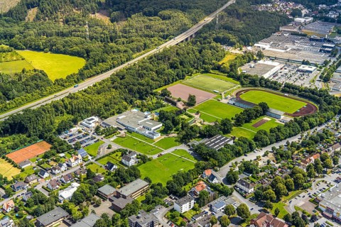 Aerial view, Solepark Große Wiese Freizeitbad Naß, sunbathing lawn and swimming pool, Gradierwerk