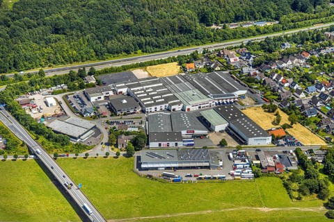 Aerial view, industrial estate Unterm Breloh, Miele plant, Hüsten, Arnsberg, Sauerland, North