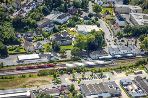 Aerial view, Arnsberg-Neheim-Hüsten railway station, Hüsten, Arnsberg, Sauerland, North